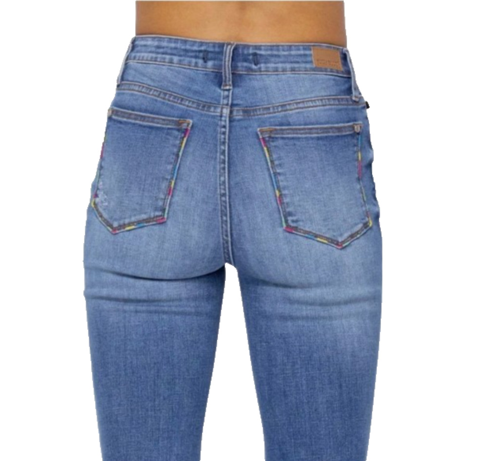 Judy Blue Womens Lexi Multicolor Pocket Embroidery Skinny Denim Jeans 7 / 28 NEW